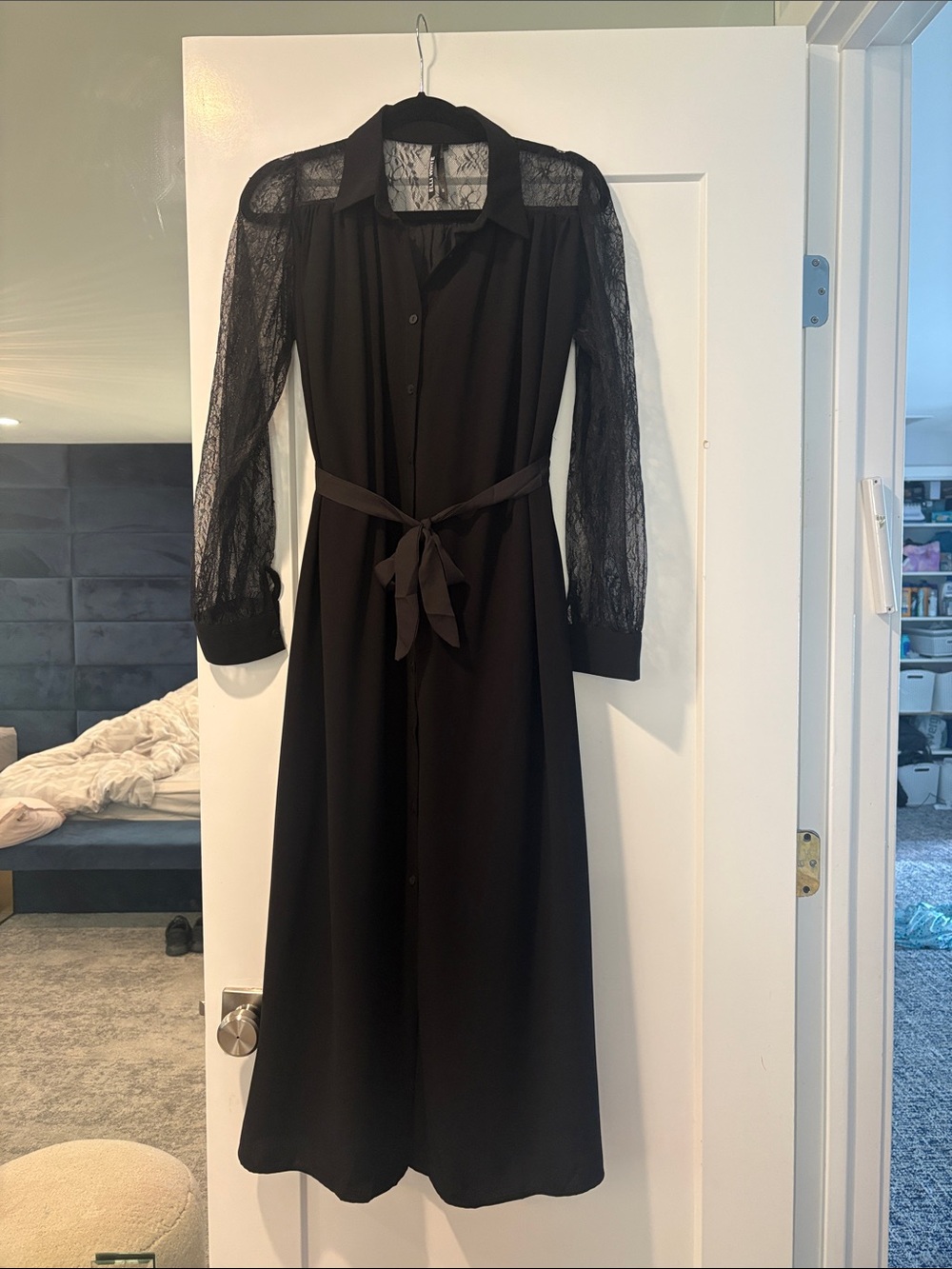 Black Lace-Sleeve Long Shirt Dress with Waist Tie